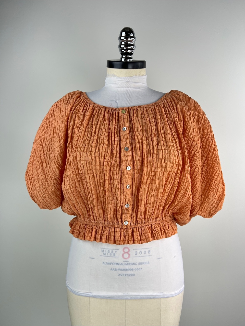 💚 3646. Orange Textured Loose Fit Puff-Sleeve Top